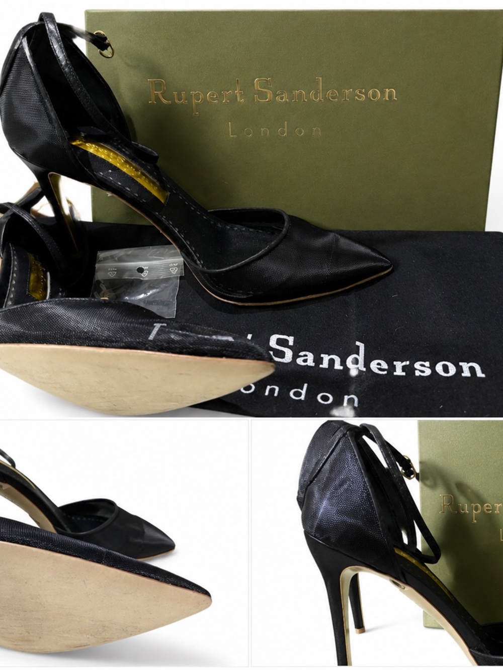 Rupert Sanderson Black Satin Pointed-Toe Ankle-Strap Pumps